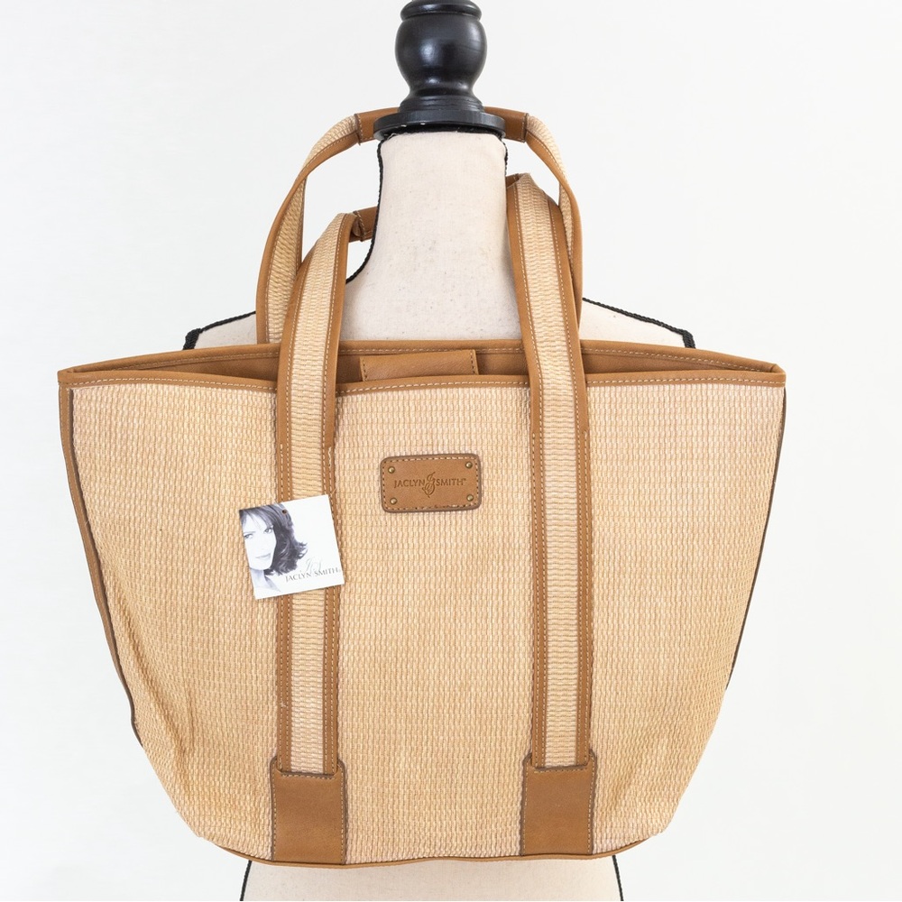 Large tote straw look tan tote vegan leather trim Jaclyn Smith